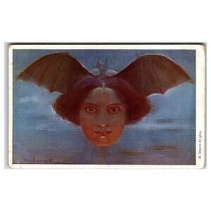 M. Ichnowski Bat Woman Art Nouveau Postcard Galicia Krakow Polish Halloween Goth